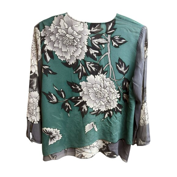Citron Santa Monica Teal Silk Floral Print Kimono Inspired Blouse - Picture 5 of 8